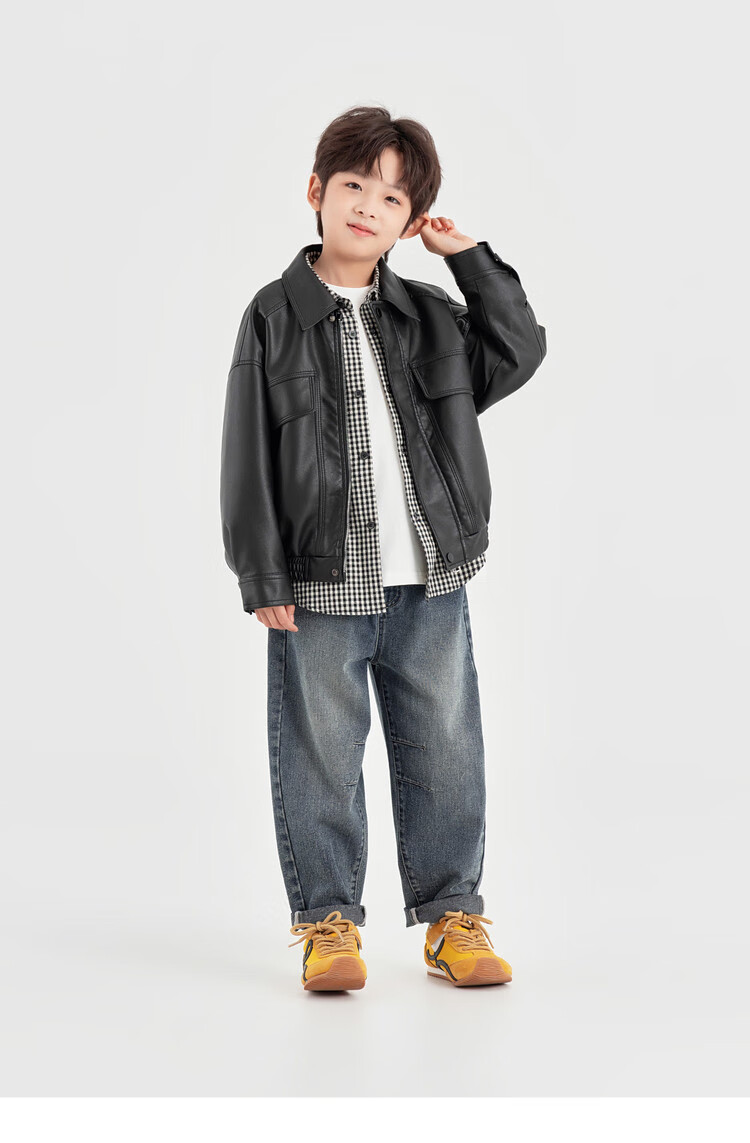 Duoduo Boys Casual Jacket Spring Autumn Fashion Stylish Trendy PU Leather Loose Fit Lapel Functional Windbreaker 9