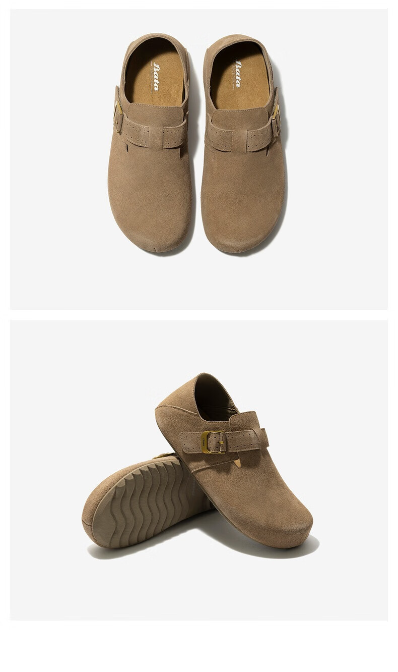 Bata Prince Qi Same Style Birkenstock Women's Autumn 2025 Mall Cow Split Leather Slip-On Dark Gray Suede Lining Size 38 10