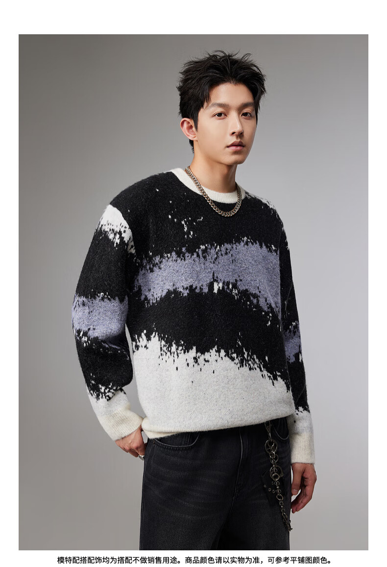 CABBEEN Men's Wool-Blend Colorblock Jacquard Patchwork Casual Wearable Long Sleeve Sweater 2025 Winter 11