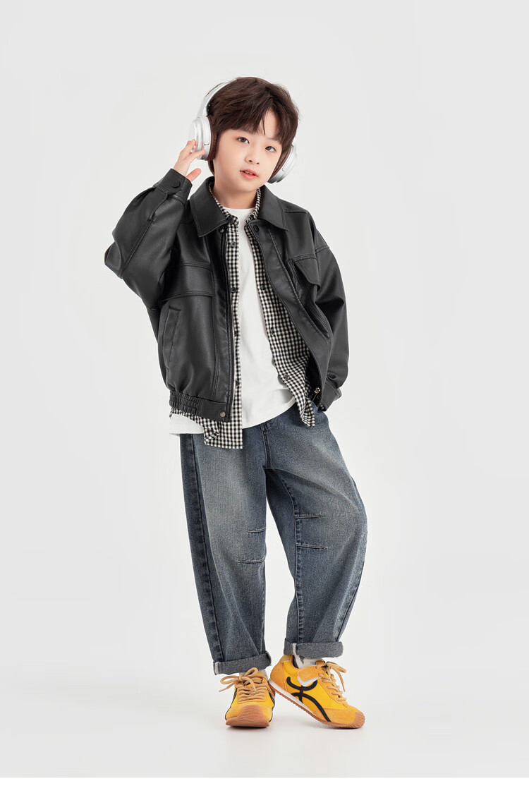 Duoduo Boys Casual Jacket Spring Autumn Fashion Stylish Trendy PU Leather Loose Fit Lapel Functional Windbreaker 8
