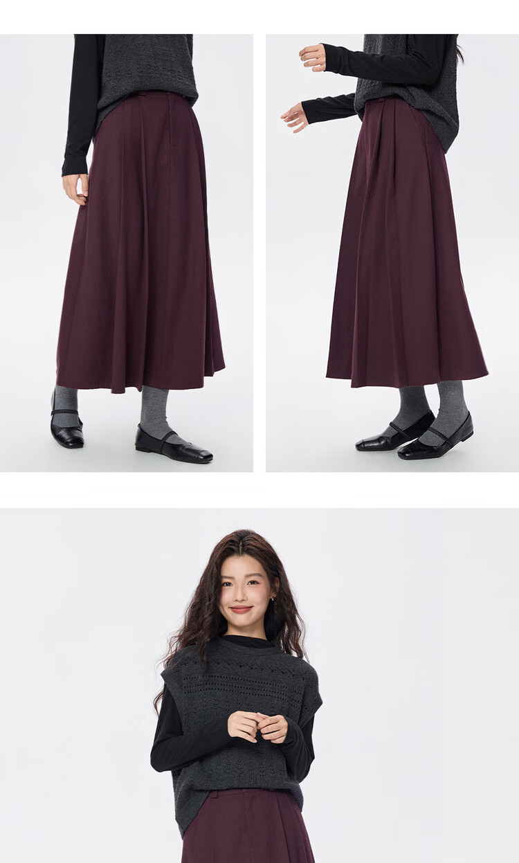 Giordano Grey Pleated Skirt Women's Autumn Winter Draped Brushed A-Line Midi Skirt 05465681 14