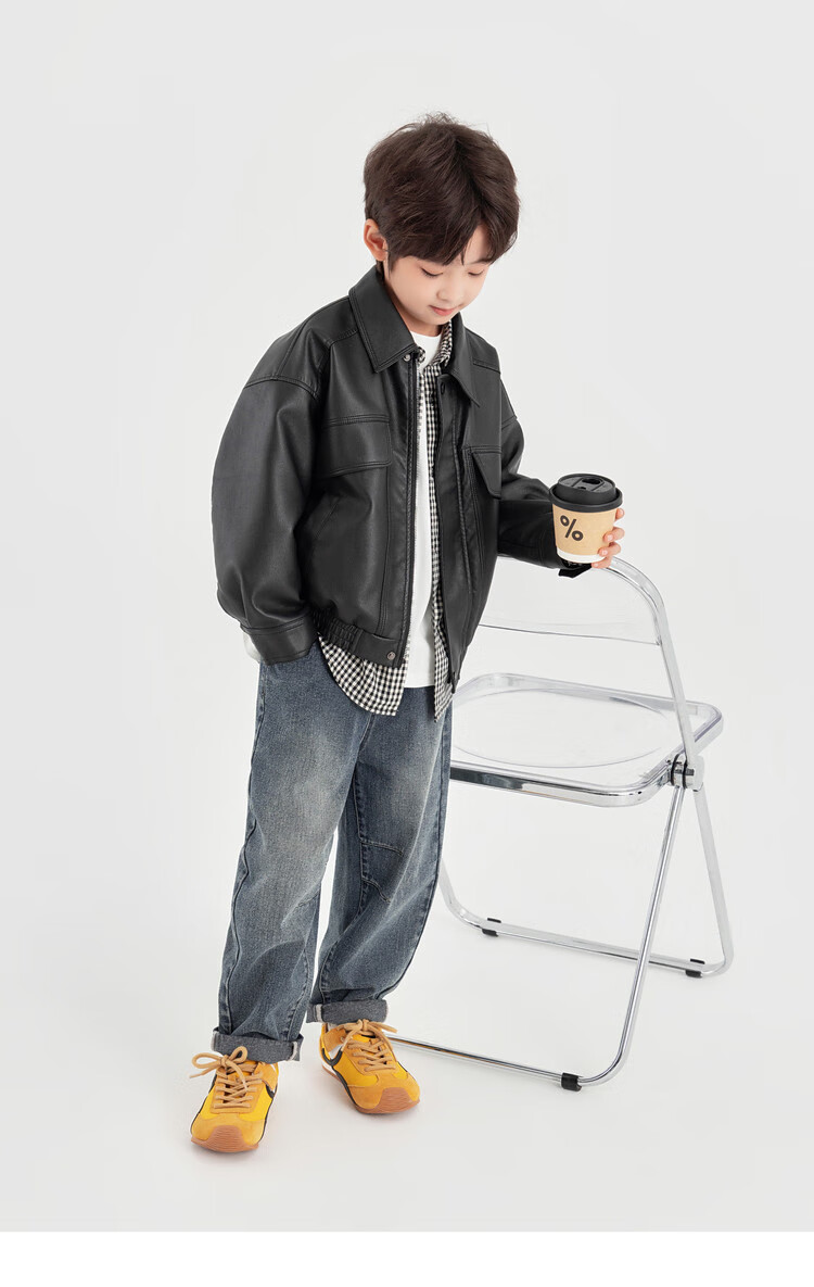 Duoduo Boys Casual Jacket Spring Autumn Fashion Stylish Trendy PU Leather Loose Fit Lapel Functional Windbreaker 12