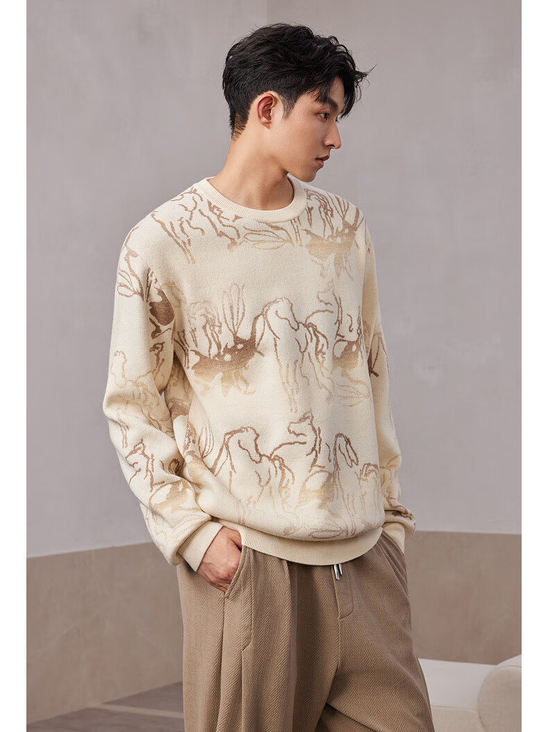CABBEEN 100% Combed Cotton Men's Artistic Pattern Jacquard Gradient Yarn Winter Long Sleeve Sweater 2