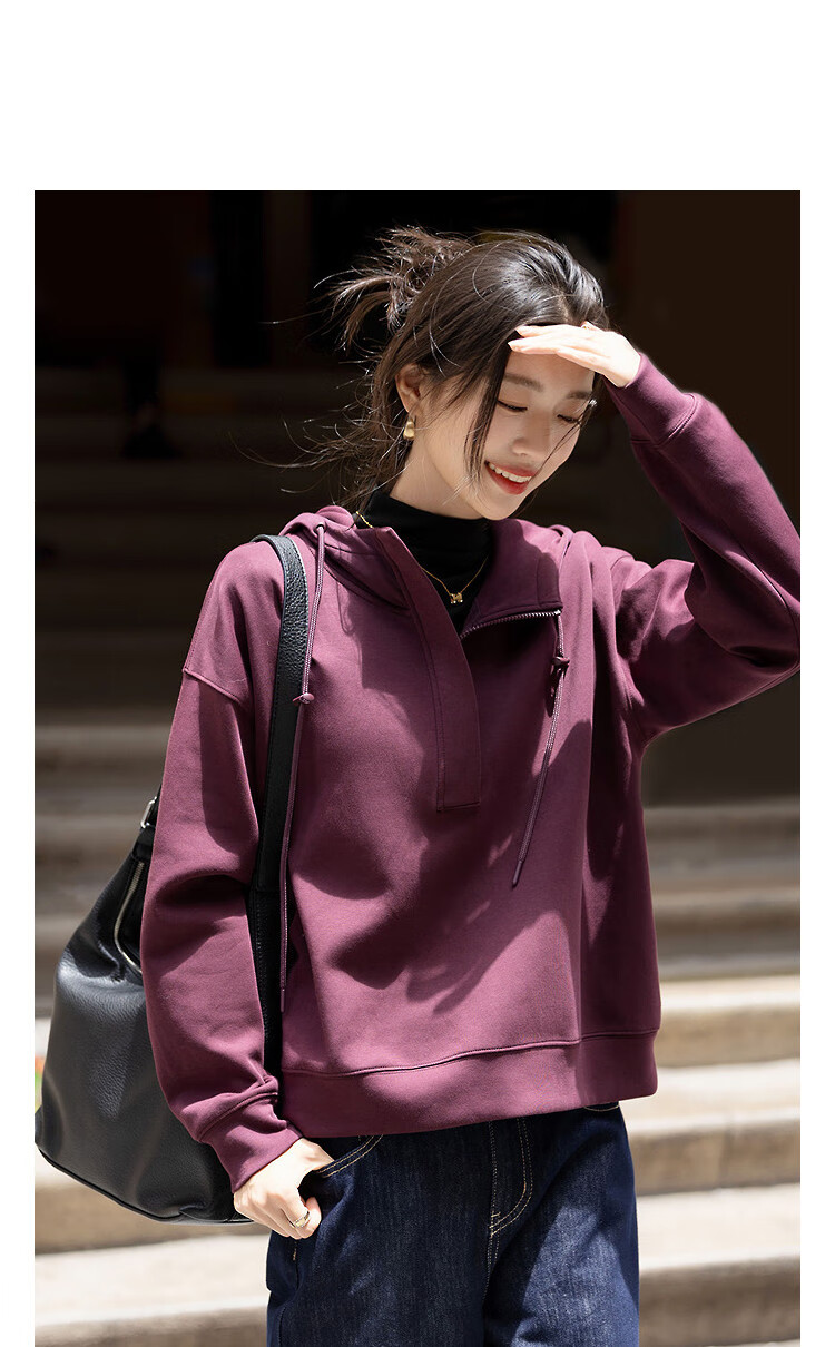 Demana [Comfort Elastic 280G Air Layer] Autumn Hooded Half-Zip Loose Fit Petite Women's Sweatshirt Top 4