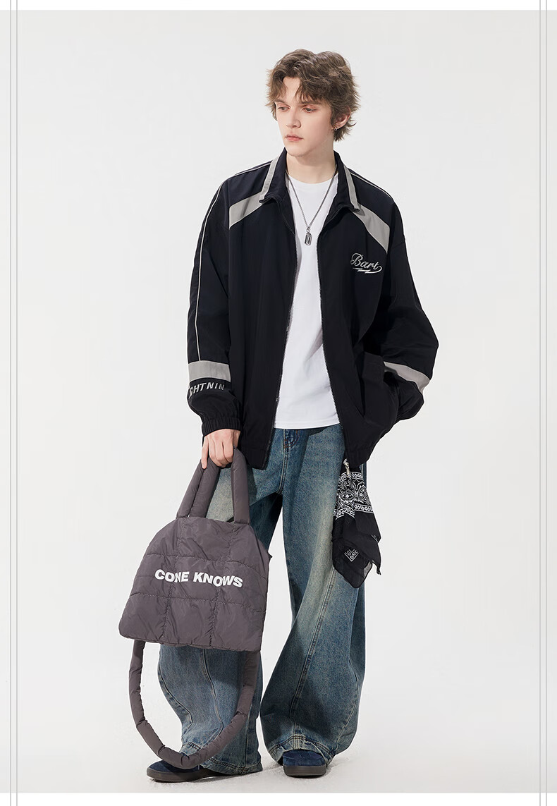 THE SIMPSONS Casual Loose Trendy Embroidered Colorblock Unisex Jacket Coat Gray Regular L 14