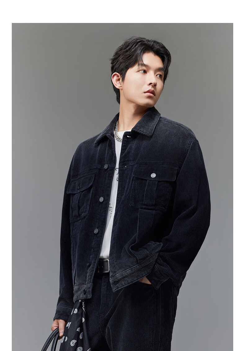 CABBEEN Black Corduroy Denim Jacket Men Gradient Washed Corduroy Denim Winter Coat 6