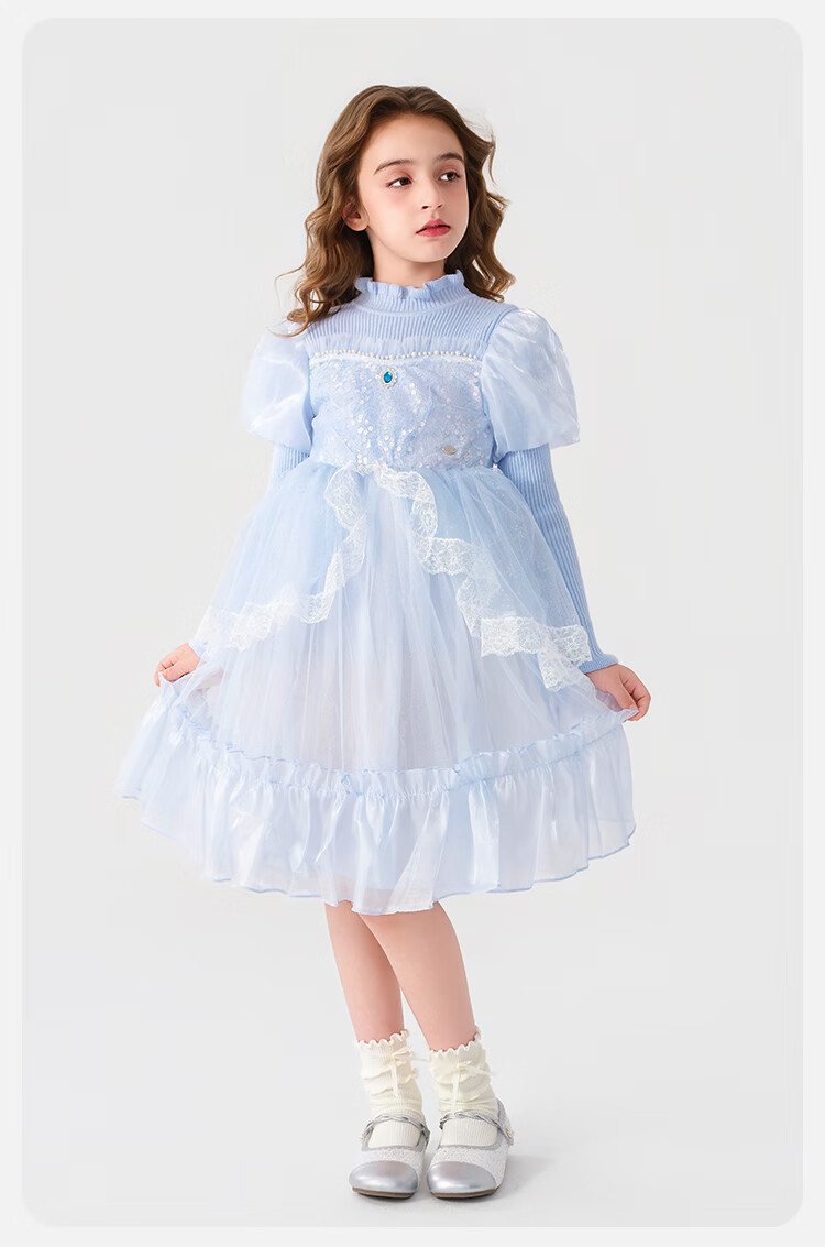 Disney Girls Frozen Knit Princess Dress Autumn Winter Children's Dress Winter Skirt TD3EQ008 Sky Blue 120 2