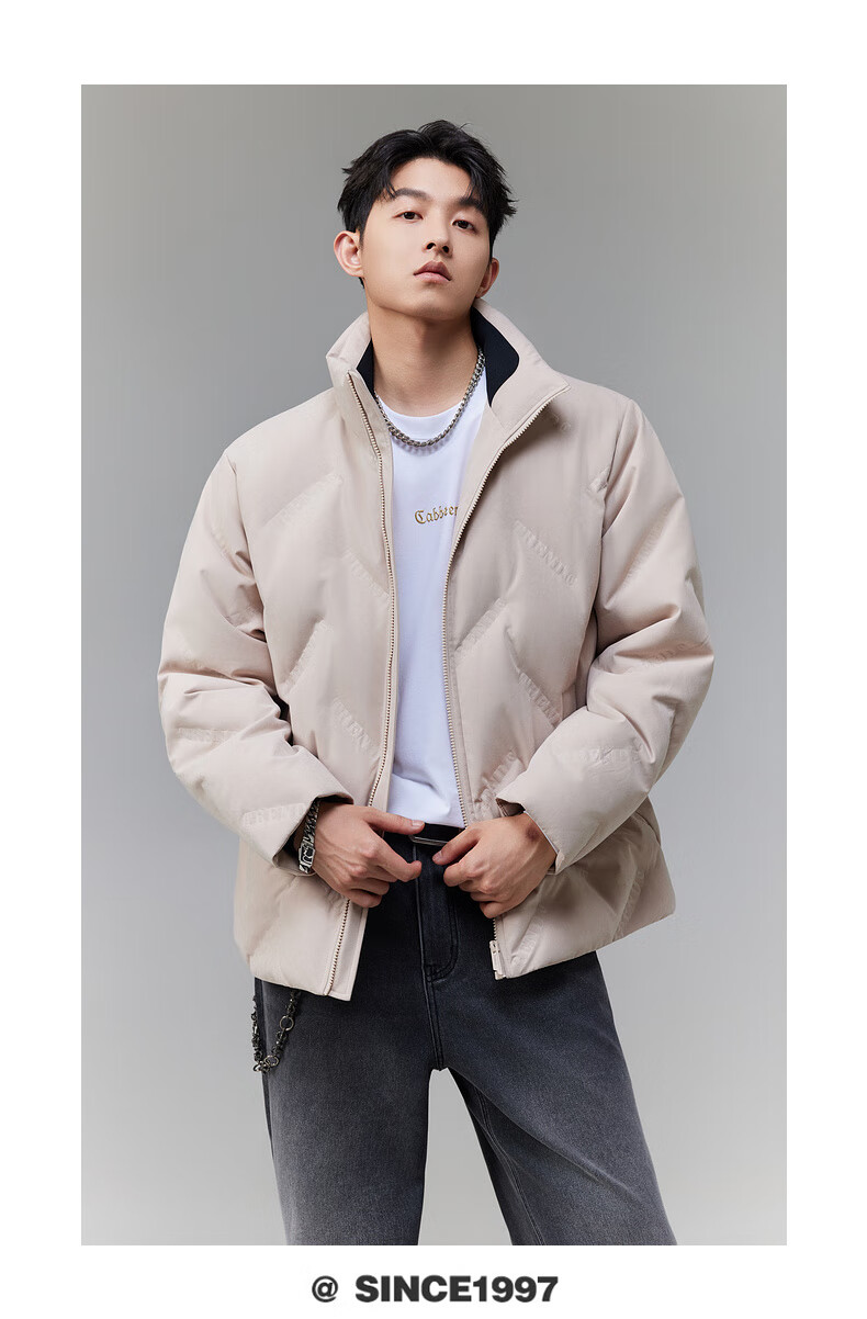 CABBEEN Men's Down Jacket Peach Skin Fabric with Three-Proofing Seamless Lettering Casual Winter Down Coat 3