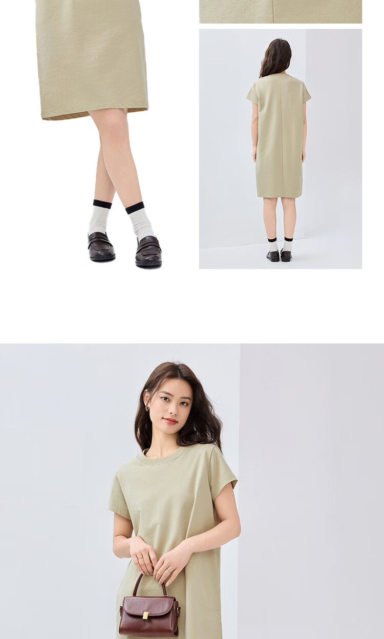 Giordano Women's Cotton Solid Color Semi-Circular Pocket Round Neck Short-Sleeve T-Shirt Dress 05465463 13