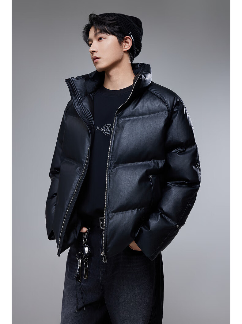 CABBEEN Wrinkled PU Down Jacket Men Custom Logo Rivet Decoration Comfortable Winter Down Jacket 2