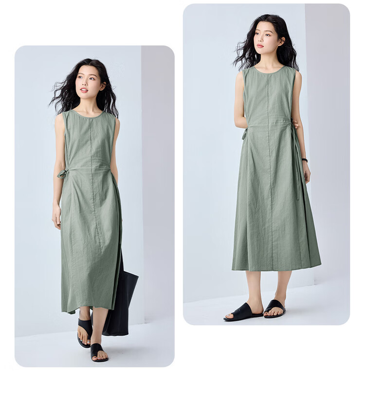 Giordano Sleeveless Dress for Women, Summer New Style Cotton Linen Tie-Waist Round Neck Dress 13465305 18