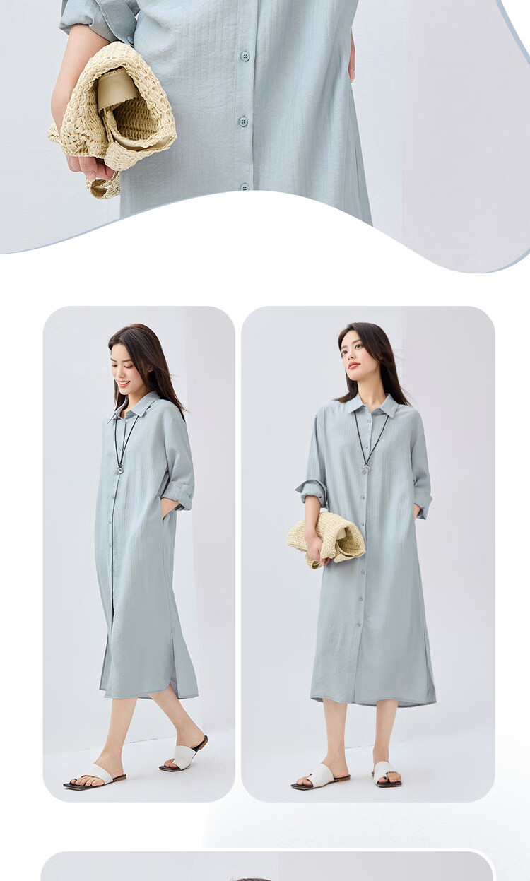 Giordano Women's Dress, 2026 Spring New Style, Side Slit with Subtle Stripes, Long-Sleeve Shirt Dress for Women, 05465070 11