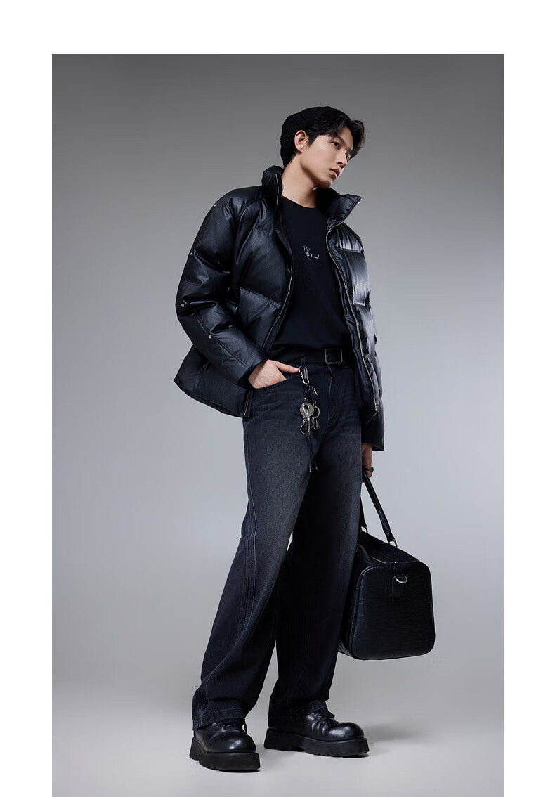 CABBEEN Wrinkled PU Down Jacket Men Custom Logo Rivet Decoration Comfortable Winter Down Jacket 6