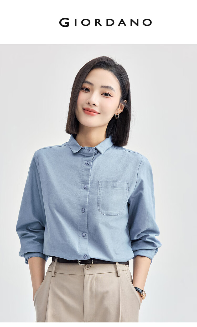 Giordano Women's Oxford Cotton Commuter Shirt with Pocket, Small Lapel, Long Sleeve Shirt 05345874 3