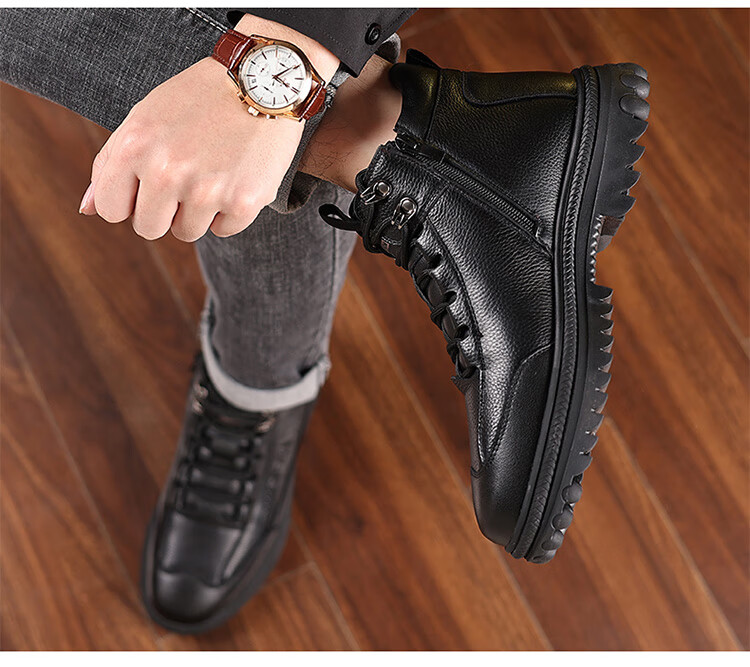 Hengyuanxiang Men's First Layer Cowhide Leather Winter Fleece-lined Martin Boots New Snow Boots Cotton Shoes J6388 Black Size 43 4