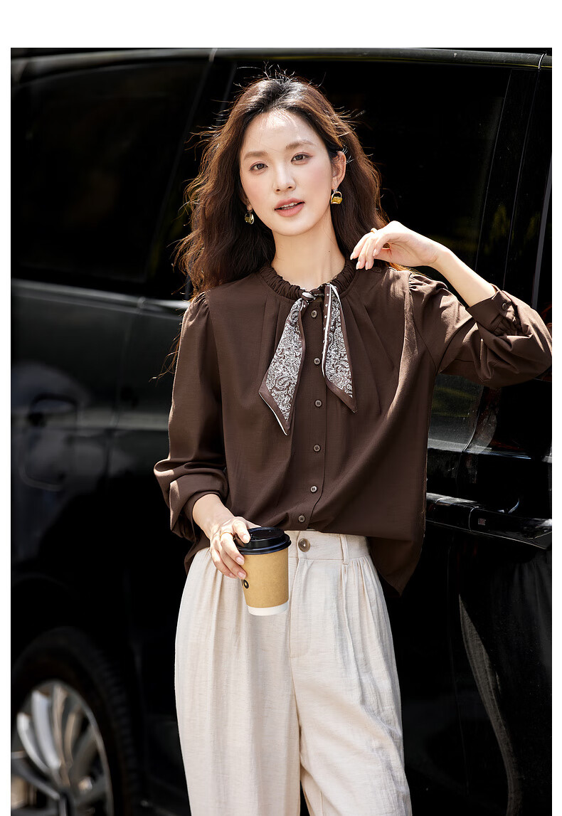 Vimly Vintage Scarf Tie Round Neck Linen Blend Shirt Women Spring New Dark Roast Brown M 1
