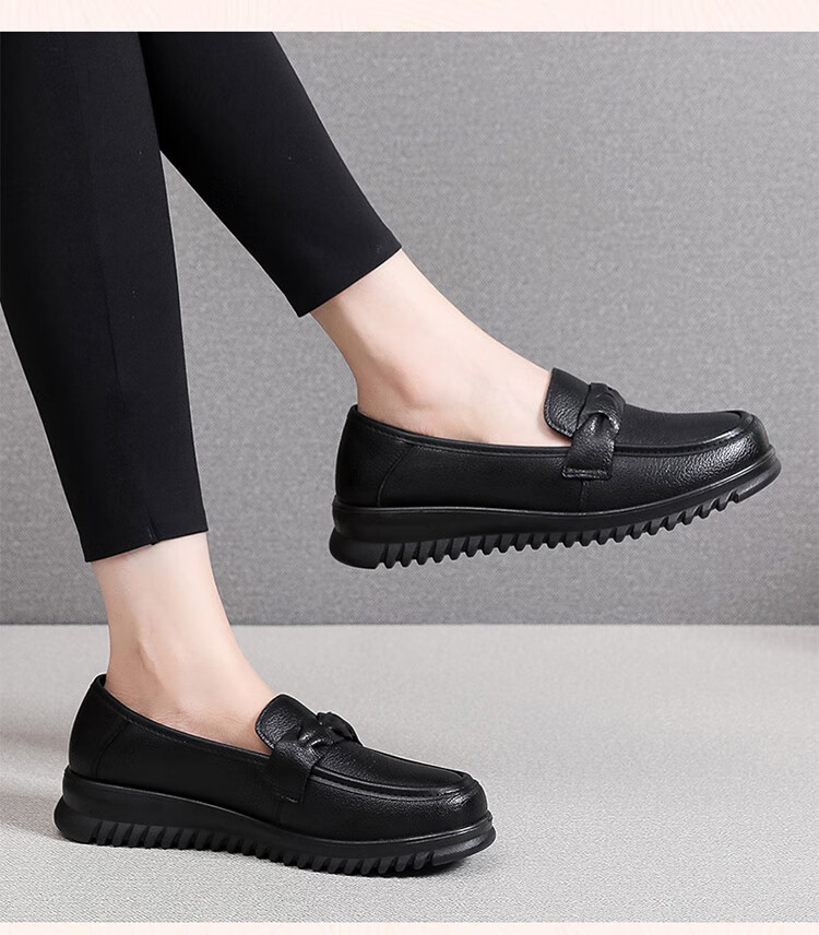 Hengyuanxiang Women's Loafers Mom Shoes Genuine Leather Vintage Flat Slip-On J50816 Black Size 36 2