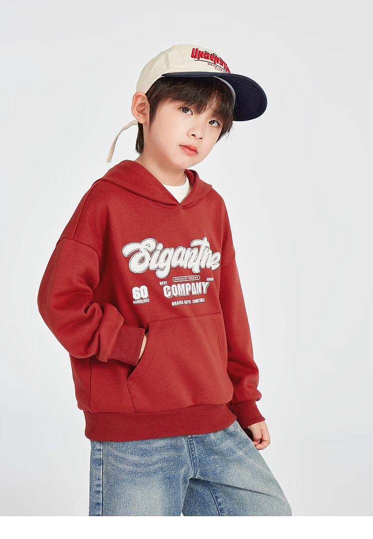 Duoduo Home [Kangaroo Pocket] Boys' Red Hoodie Sportswear Casual Spring American Letter Print Top for Older Children 10
