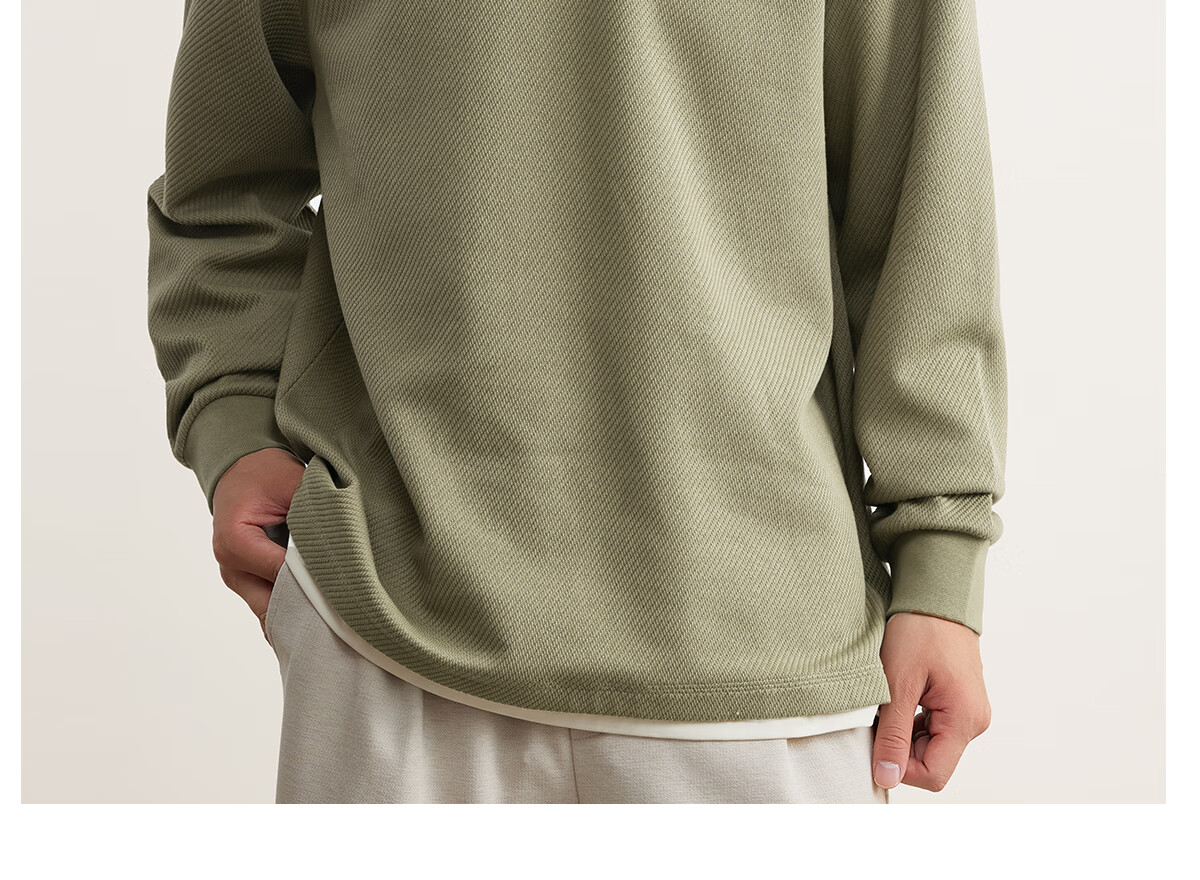 MARKLESS Men's 2025 Autumn New Loose Fit Khaki Green Layered Long Sleeve Sweatshirt, Size L, Model 5406 12