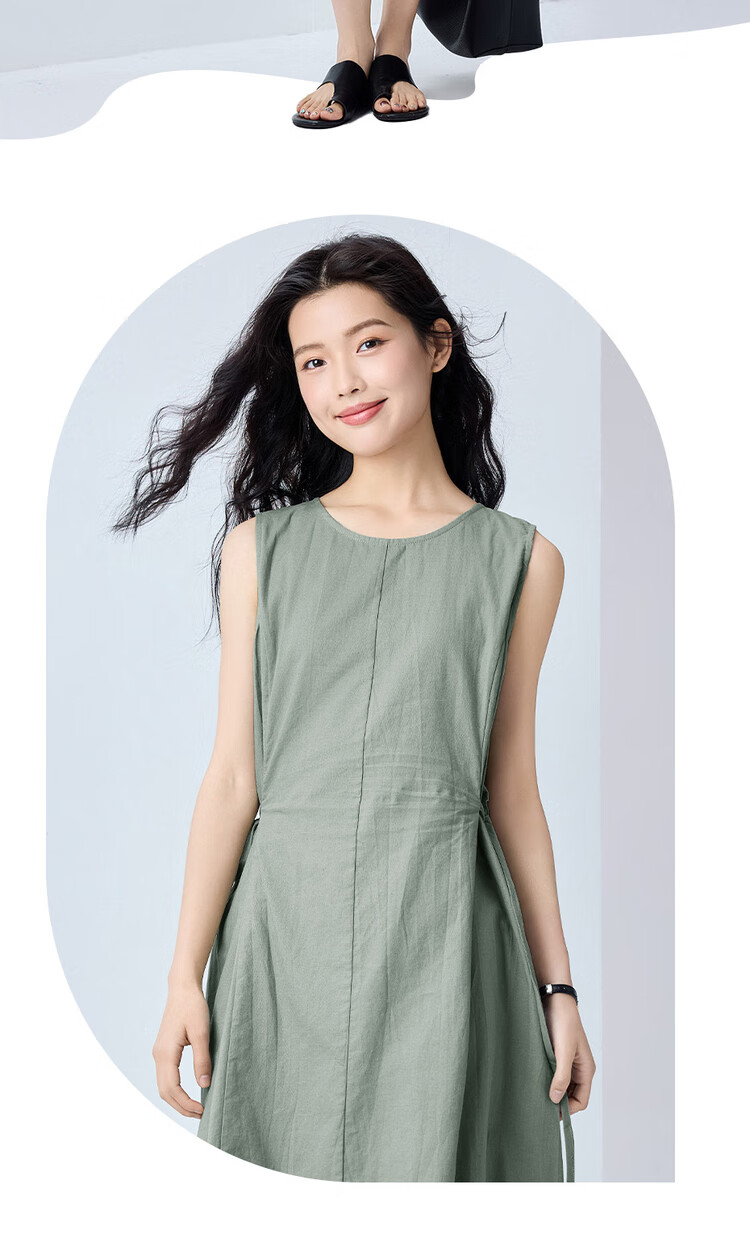 Giordano Sleeveless Dress for Women, Summer New Style Cotton Linen Tie-Waist Round Neck Dress 13465305 17