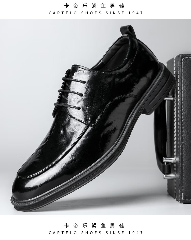 CARTELO British Hand-Scraped Top-Grain Leather Men's Shoes, Business Casual Men's Leather Shoes, Wedding Shoes, Leather Shoes K062 Black Height-Increasing Size 39 4