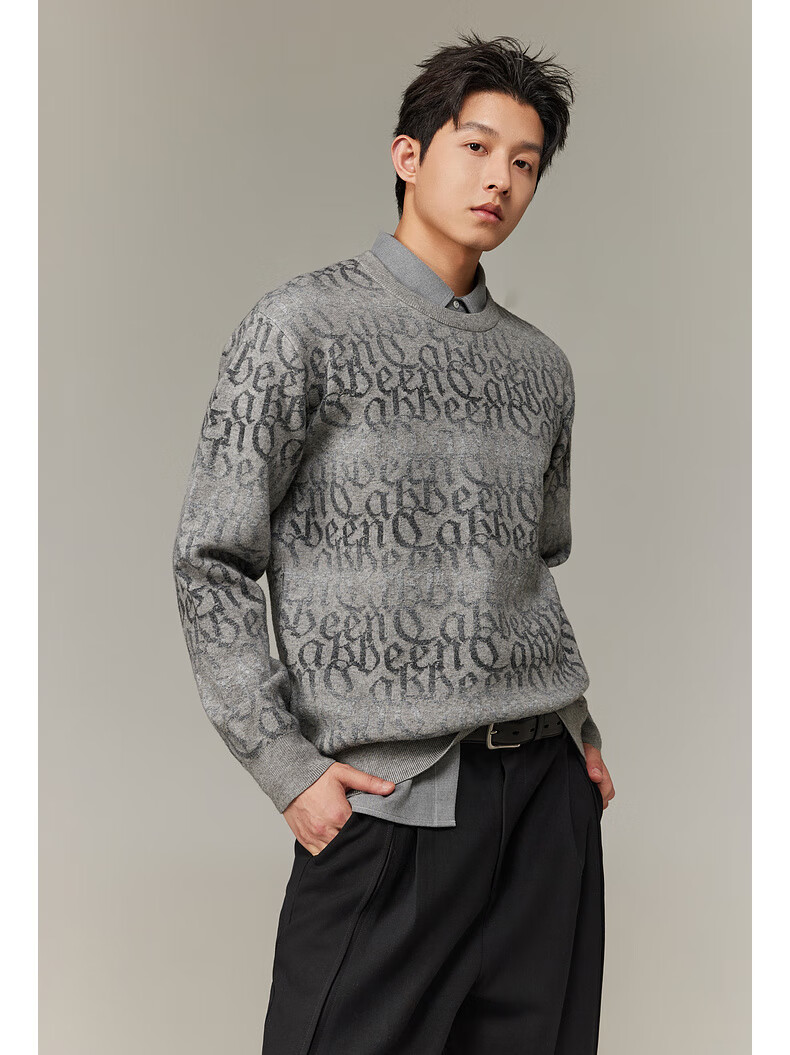 CABBEEN Multi-Yarn Woven Long Sleeve Sweater with CABBEEN Logo Vintage Pattern Winter Colorblock Knitwear 2