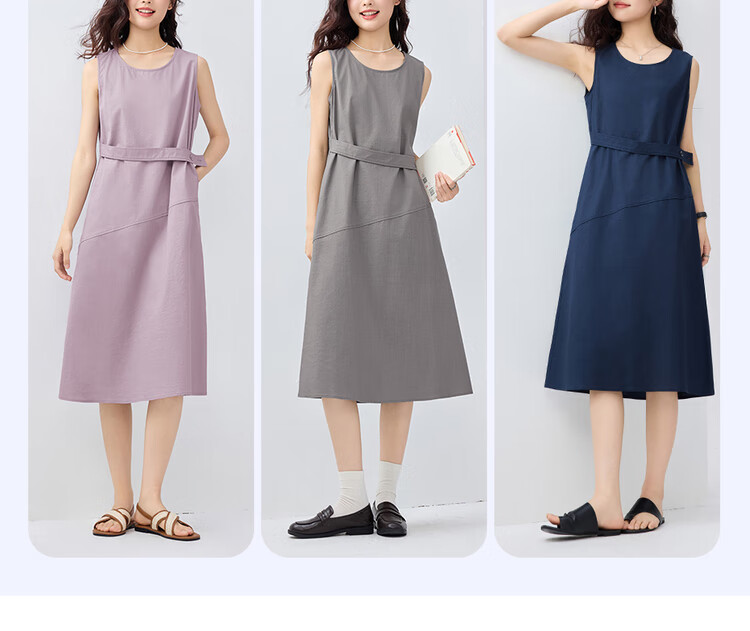 Giordano Women's Summer Dress, Lyocell Solid Color Waist Belt Round Neck Vest Dress 13465321 7