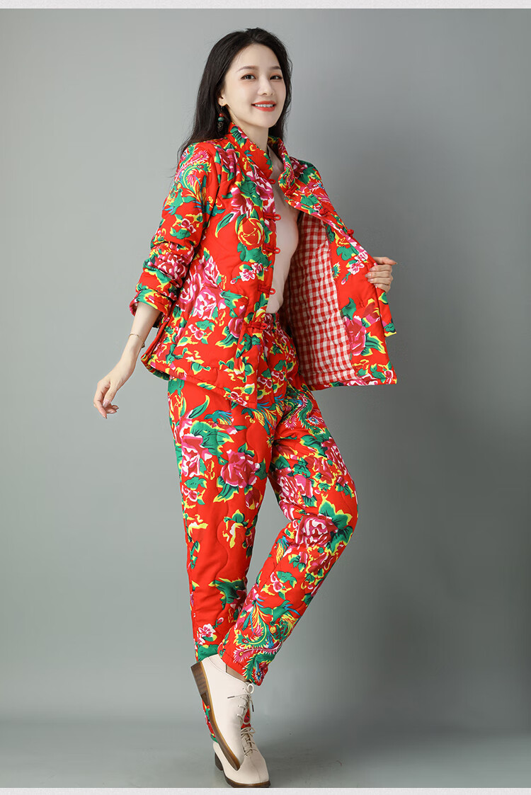 橦华东北大花布衣服棉衣棉裤套装冬加厚盘扣民族风棉袄女冬季棉服外套