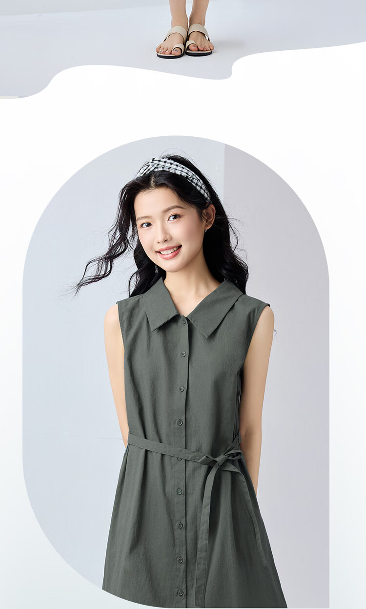 Giordano Sleeveless Linen Dress for Women, Summer New Style, Cotton-Linen Lightweight Tie-Up Collar Vest Dress 13465353 17