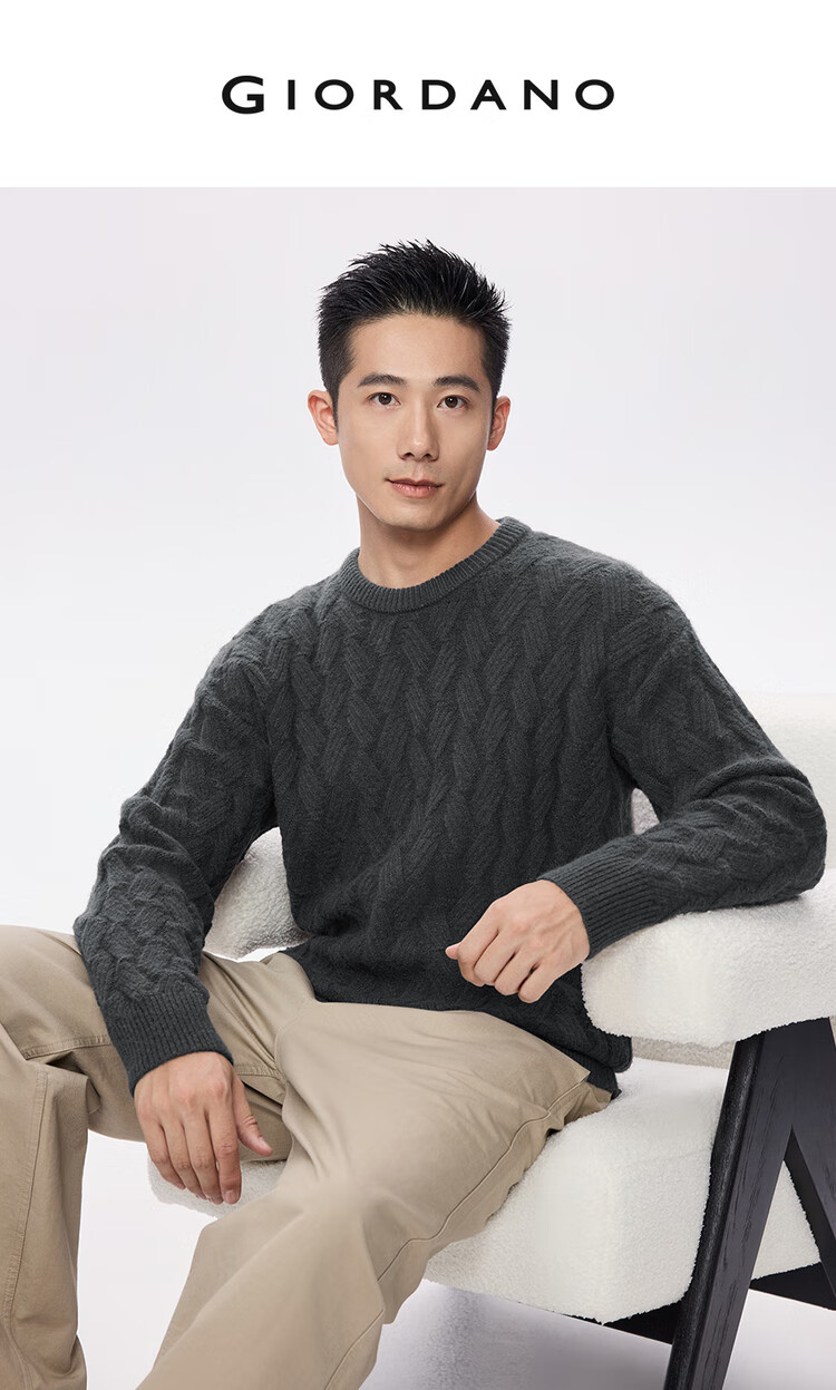 Giordano Men's Twisted Pattern Sweater Autumn Winter New Blended Anti-Pilling Vintage Crew Neck Knitwear 13055764 3