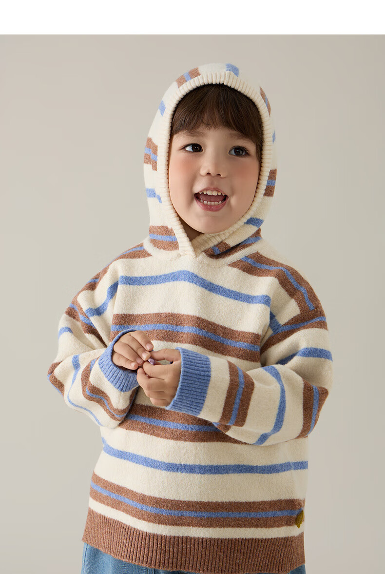 Papapapa Autumn Winter New Children's Sweater Boys and Girls Stylish Striped Hooded Loose Knit Pullover Pink Size 90 4
