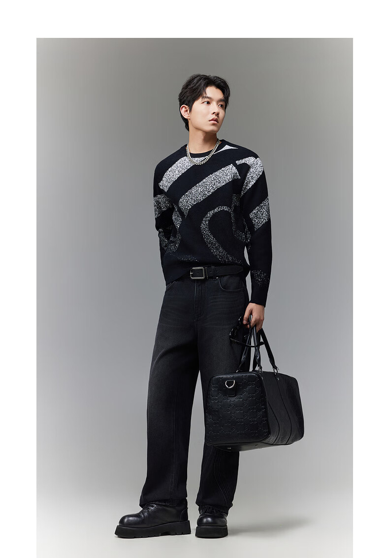 CABBEEN 100% Combed Cotton Men's Logo Geometric Colorblock Jacquard Winter Long Sleeve Sweater 6