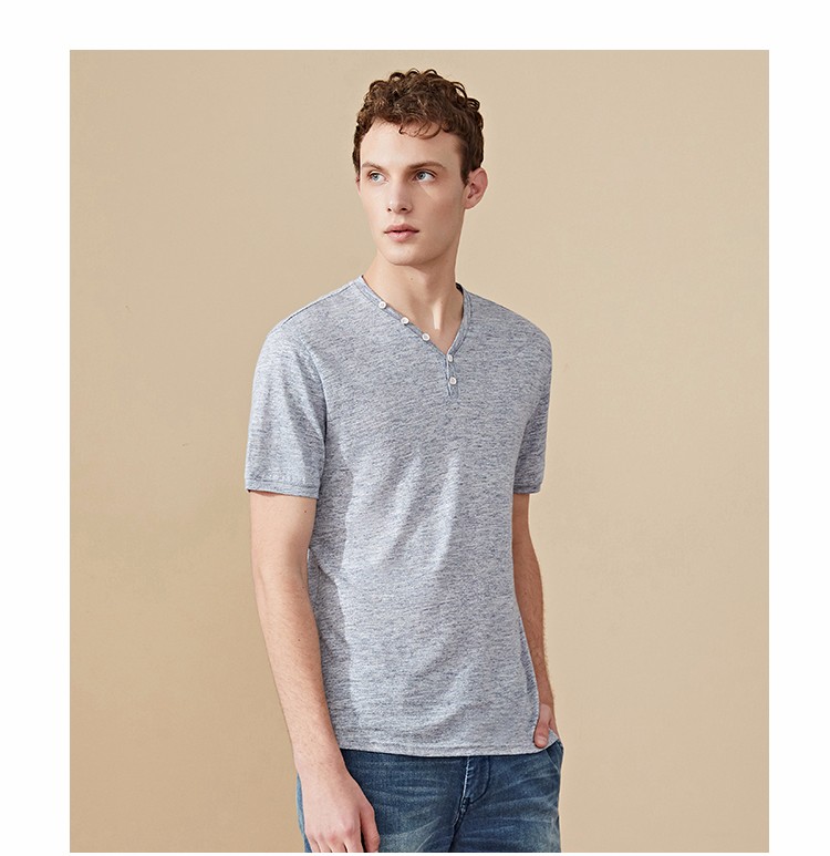 lampo/蓝豹春夏全亚麻浅灰混色纱男士短袖t恤 t恤衫 夏男 浅灰混色纱