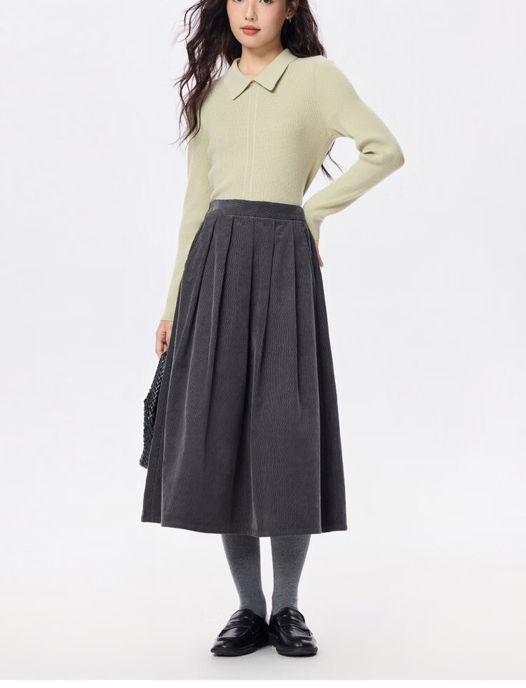 Giordano Women's Corduroy Umbrella Skirt Autumn Winter Pure Cotton Semi-Elastic Waist A-Line Pleated Skirt 05465672 16