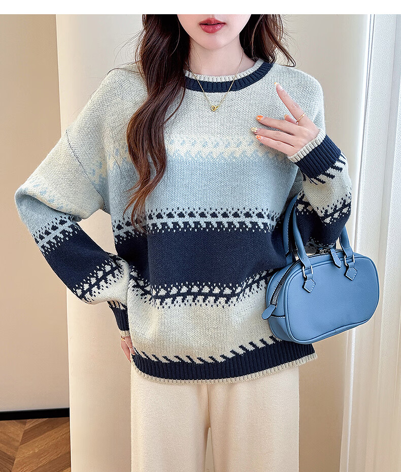 TonLion 2025 Autumn Women's Crew Neck Colorblock Wide Stripe Pullover Sweater Youthful Versatile Korean Casual Fashion 16