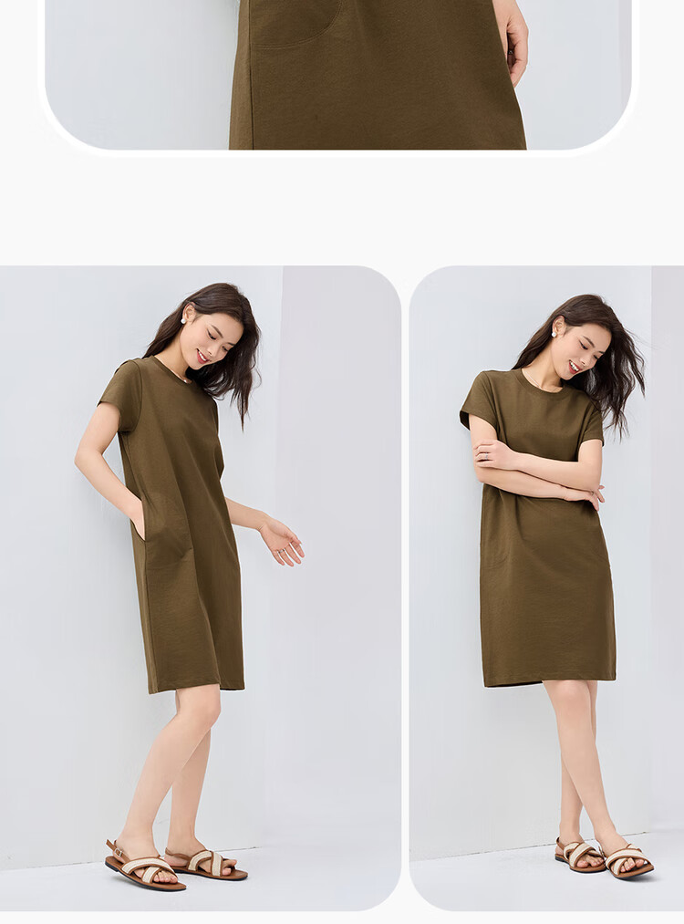 Giordano Women's Cotton Solid Color Semi-Circular Pocket Round Neck Short-Sleeve T-Shirt Dress 05465463 16