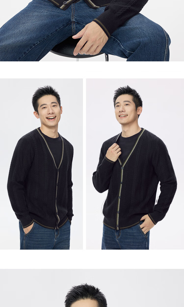 Giordano Men's Autumn Winter Knitted Cardigan V-Neck Sweater with Contrasting Edges and Twisted Floral Pattern 13055753 13
