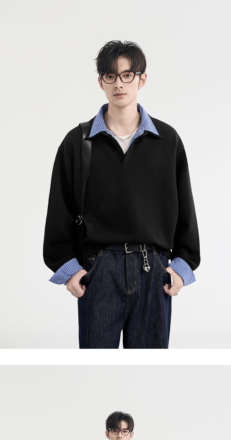 Earl Zore Premium Layered Shirt Collar Pullover Sweatshirt for Men Loose Casual Top 13
