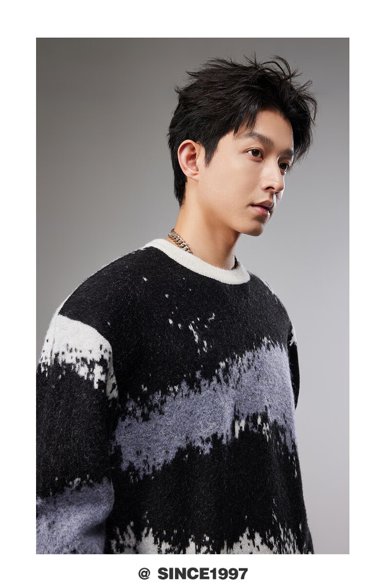 CABBEEN Men's Wool-Blend Colorblock Jacquard Patchwork Casual Wearable Long Sleeve Sweater 2025 Winter 3