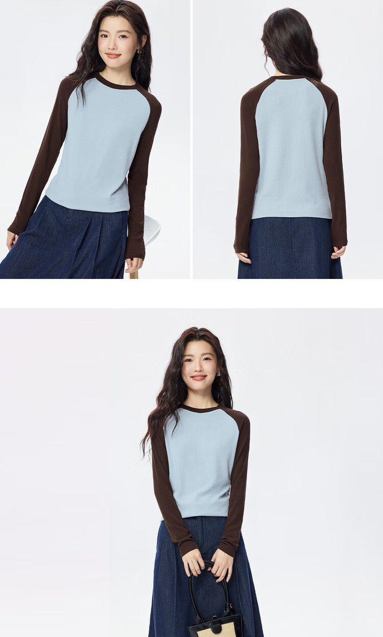 ZARA Women's Long Sleeve T-shirt with Elasticity, Vintage American Style Contrast Color Patchwork Round Neck Knitted Top 05325821 10