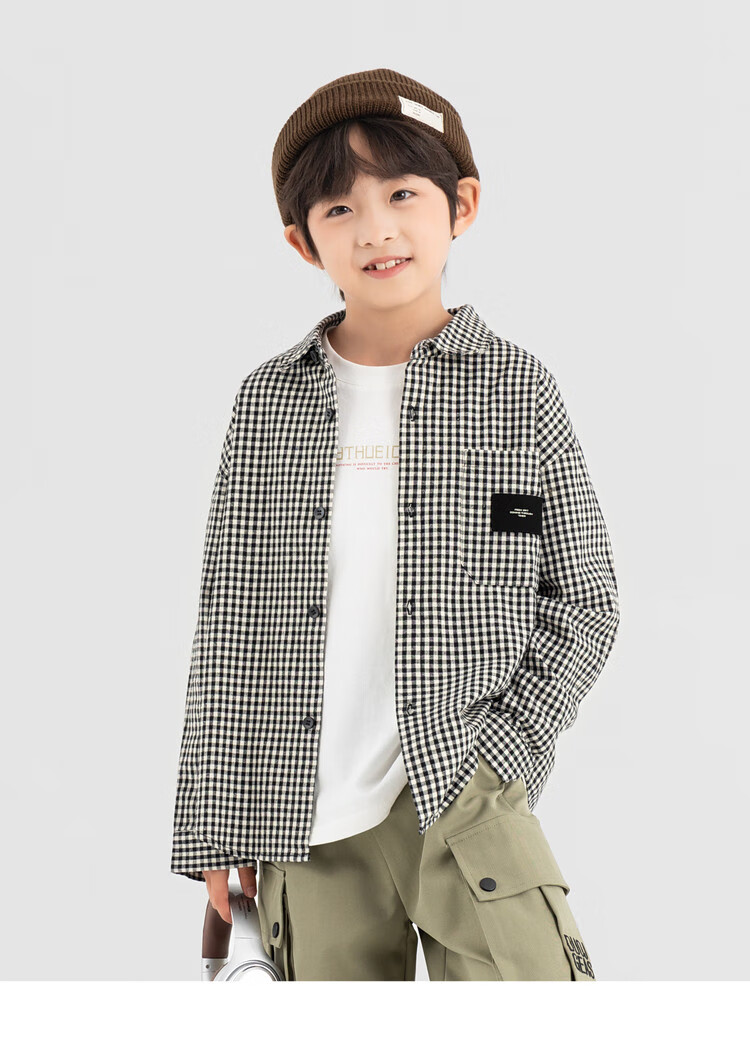 Duoduo Home Korean Style Black and White Check Boys' Long Sleeve Soft and Skin-Friendly Shirt Spring and Autumn Trendy Casual Top 3