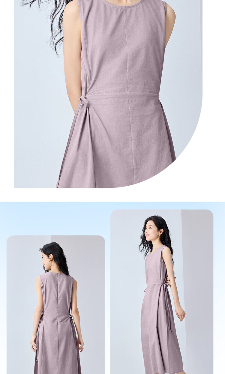 Giordano Sleeveless Dress for Women, Summer New Style Cotton Linen Tie-Waist Round Neck Dress 13465305 14