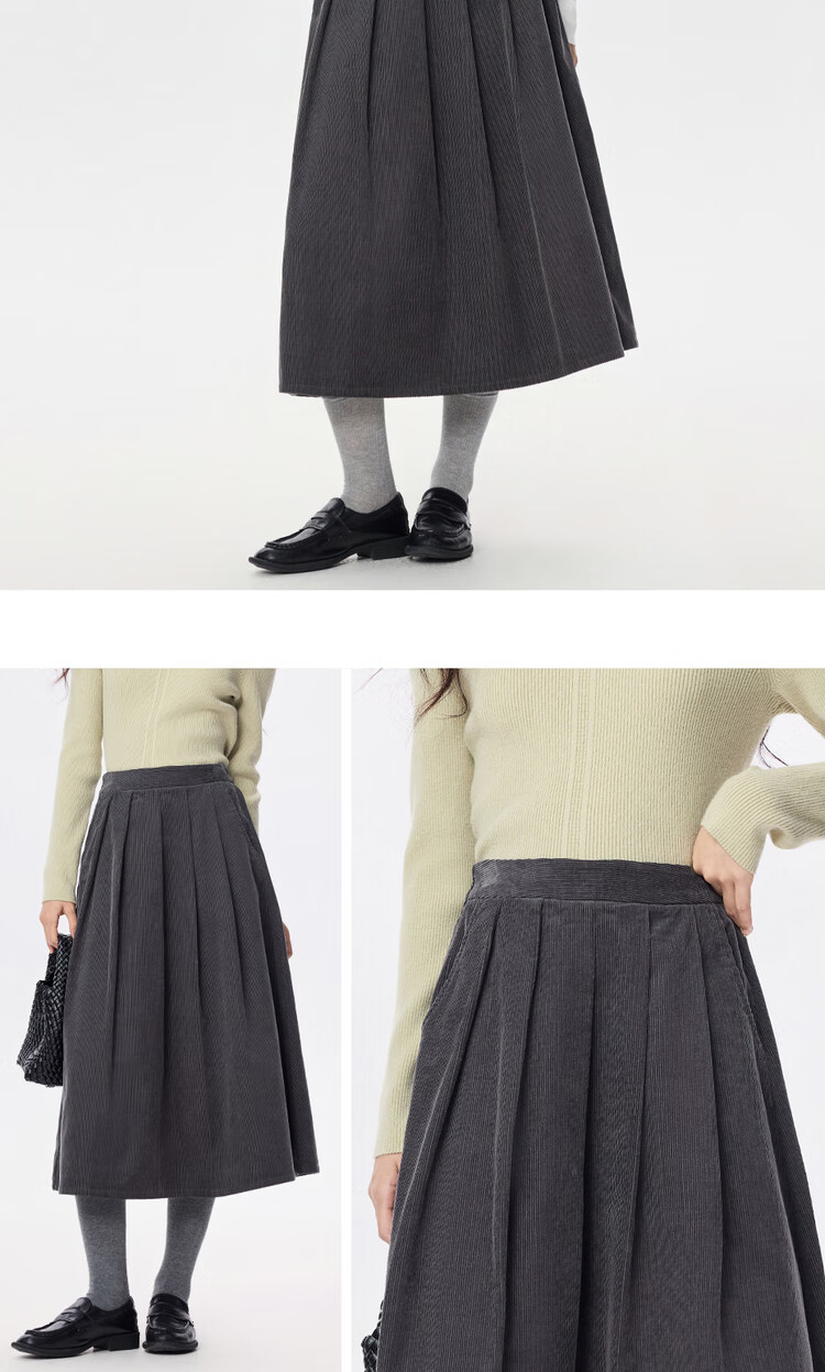 Giordano Women's Corduroy Umbrella Skirt Autumn Winter Pure Cotton Semi-Elastic Waist A-Line Pleated Skirt 05465672 14