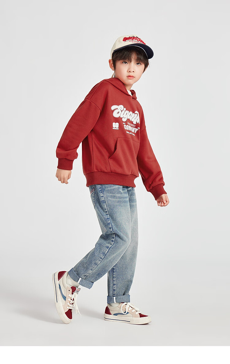 Duoduo Home [Kangaroo Pocket] Boys' Red Hoodie Sportswear Casual Spring American Letter Print Top for Older Children 8