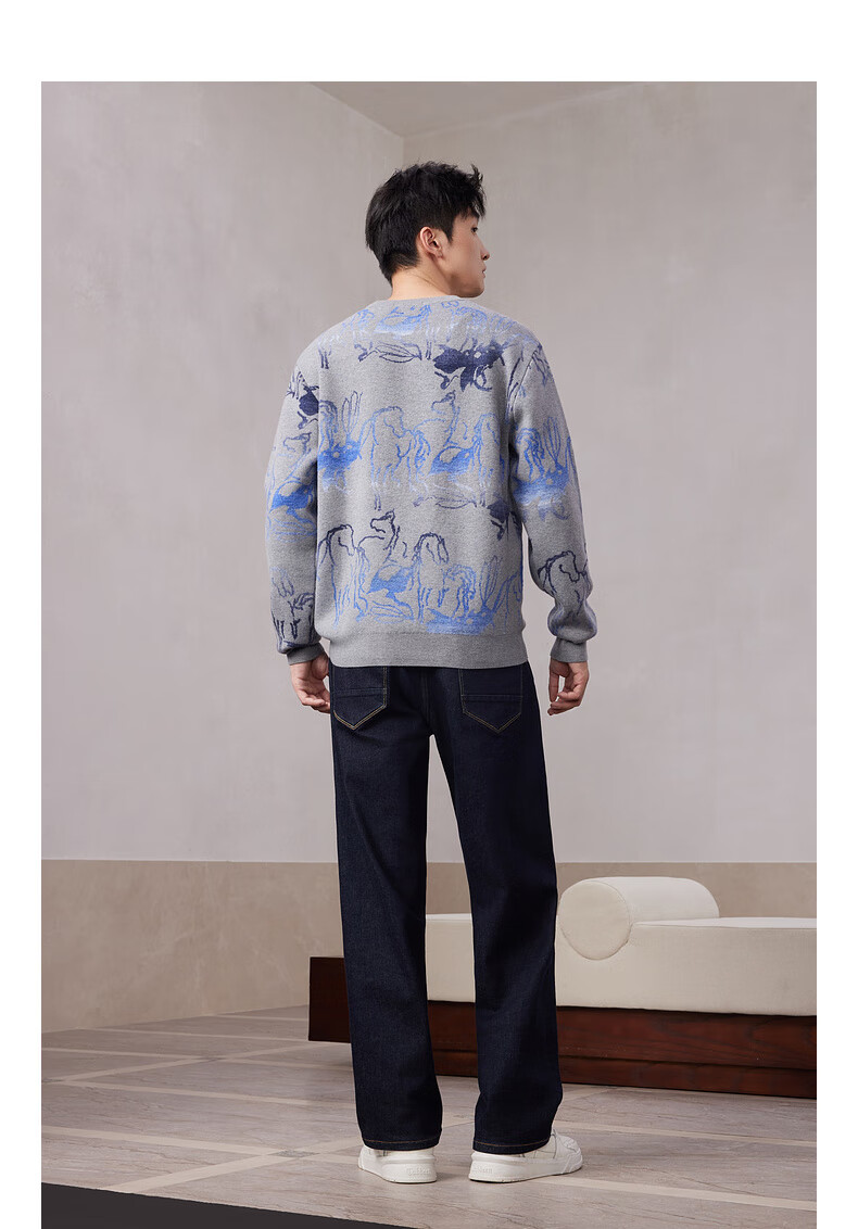 CABBEEN 100% Combed Cotton Men's Artistic Pattern Jacquard Gradient Yarn Winter Long Sleeve Sweater 13