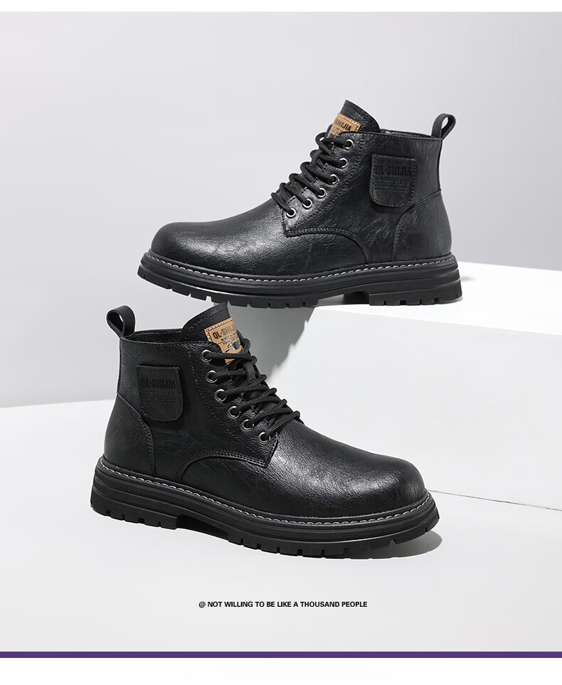 Qunlang Shijia Genuine Leather Martin Boots Men Winter Thick Sole British Retro Fashion Work Boots Fleece Lined Shoes 13
