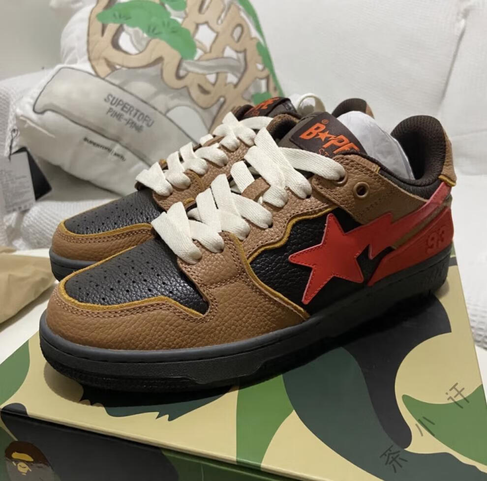 bapesta板鞋子bape鞋猿人星星闪电低帮休闲dunk棕白色滑板运动鞋 棕白