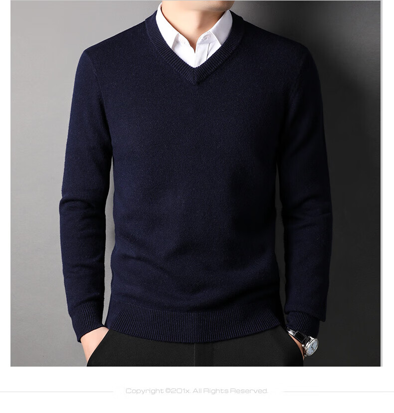ROMON 100% Pure Wool Men's Thick Heavy 430G Warm V-Neck Casual Knit Sweater for Autumn and Winter 6