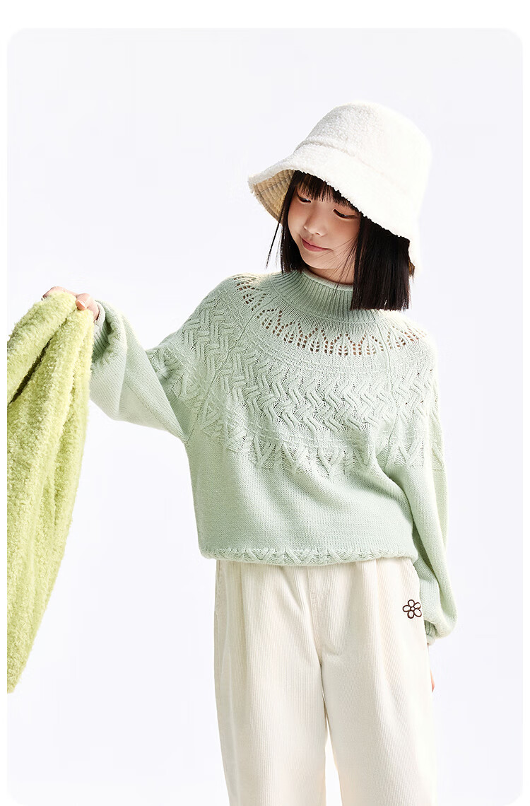 Annil Kids Girls' Crew Neck Long Sleeve Knit Sweater 2025 Winter New Pullover Ice Green 160 7