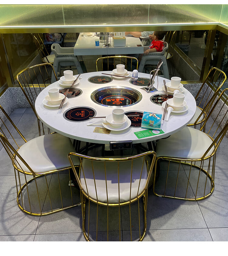 桌无烟大理石火锅桌子电磁炉一体圆桌自助烤肉桌子商用串串烧烤餐桌